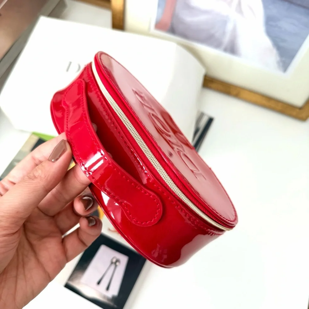 Dior Red Glossy Oval Zip Cosmetic‎ Clutch Bag Logo Pouch